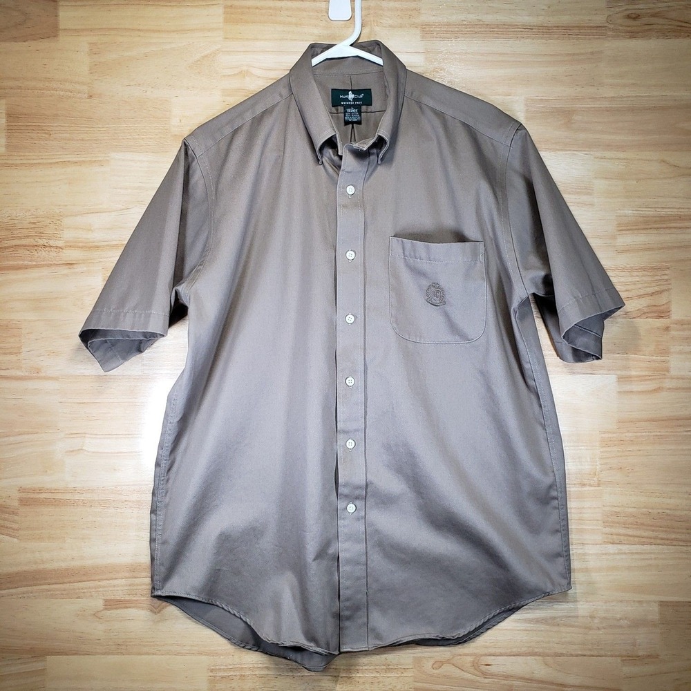 Hunt Club Men's Wrinkle Free Shirt Brown L Short Sleeve Button Up 100% Cotton
